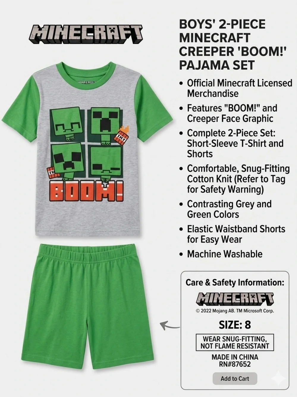 Boys' 2-Piece Minecraft Creeper "BOOM!" Pajama Set - Picture 4 of 5